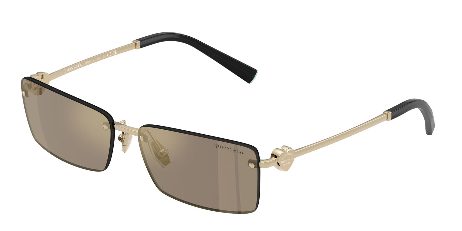 Sunglasses Tiffany TF 3108B (60215A) color oro pallido shape rectangle lenses marrone chiaro specchiato oro