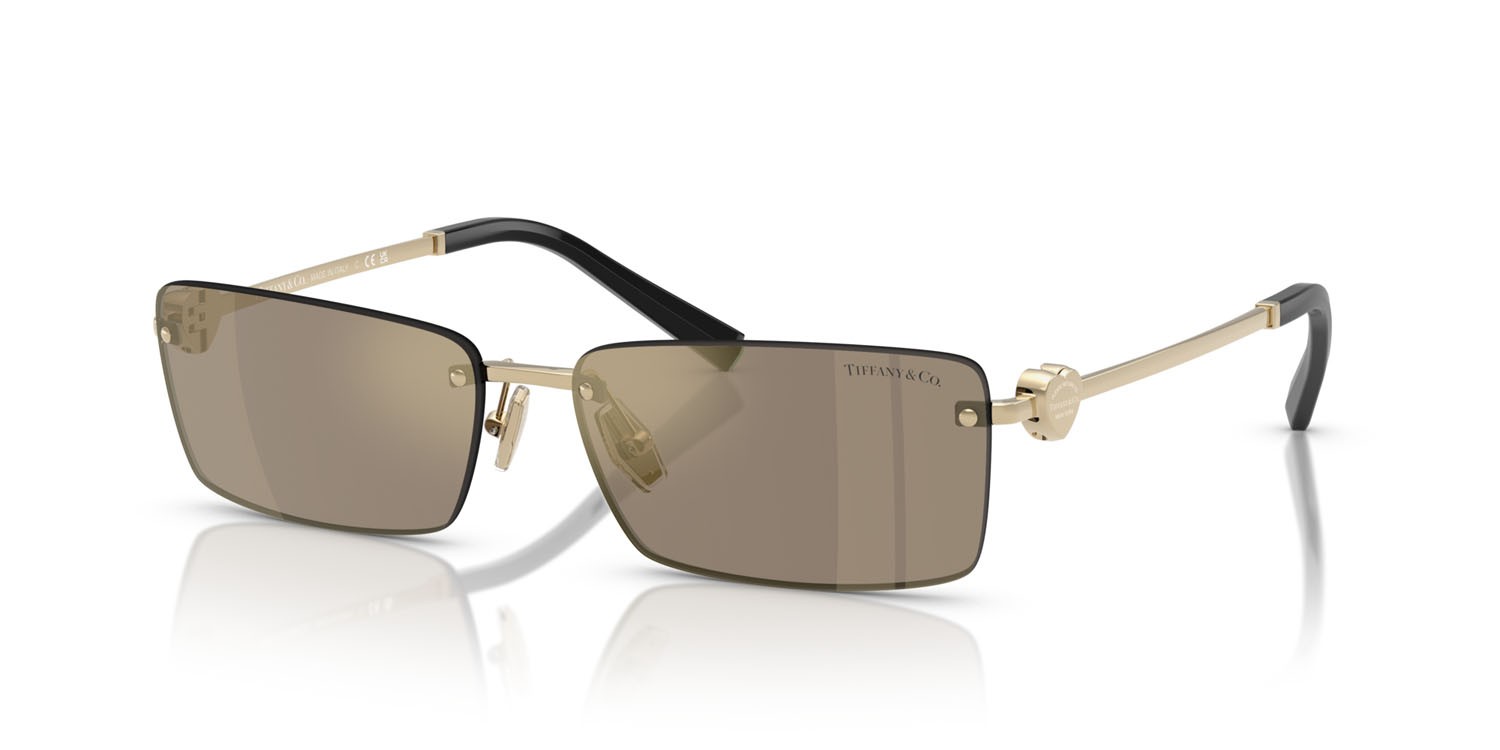 Sunglasses Tiffany TF 3108B (60215A) color oro pallido shape rectangle lenses marrone chiaro specchiato oro