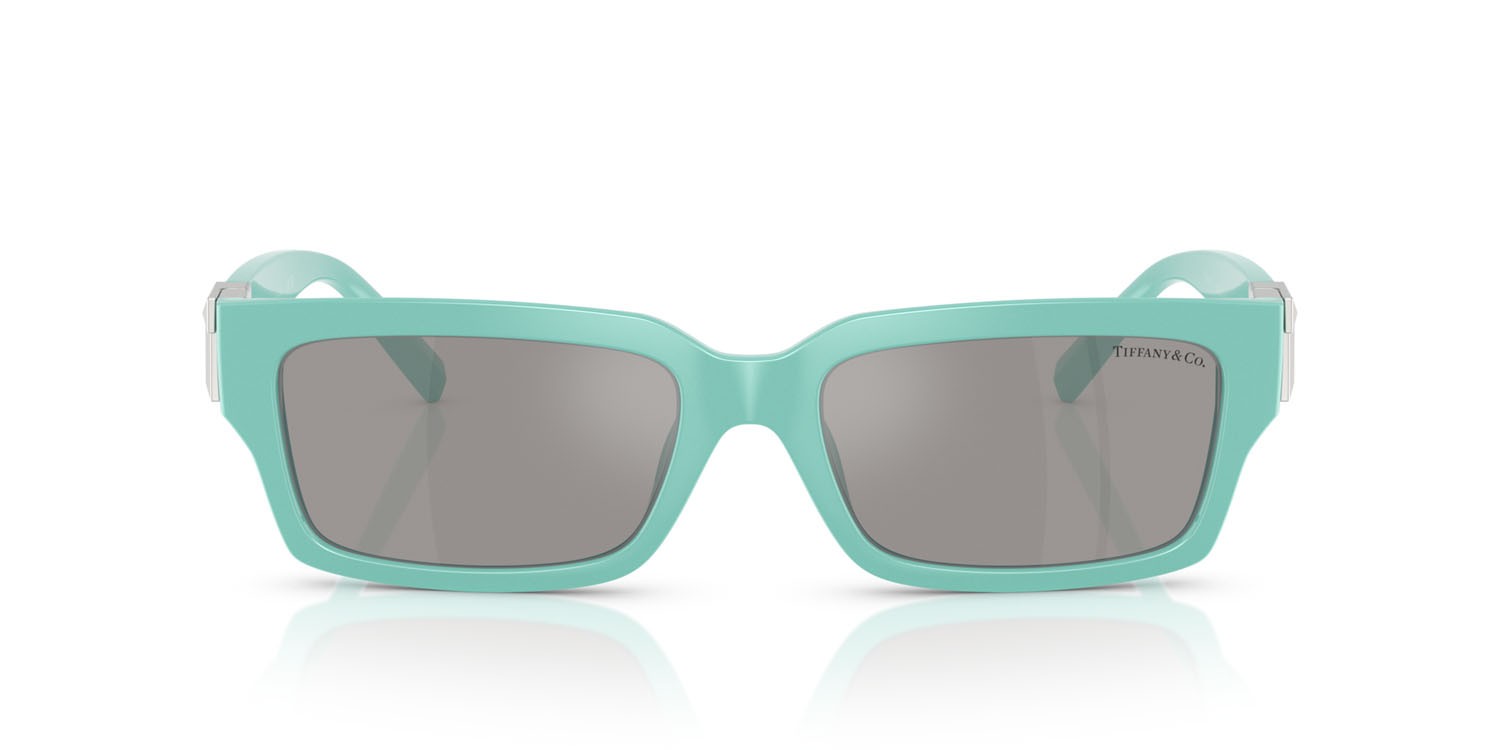 Occhiali da sole Tiffany TF 4226U (83886G) colore blu tiffany forma rettangolare lenti grigio chiaro specchiato argento