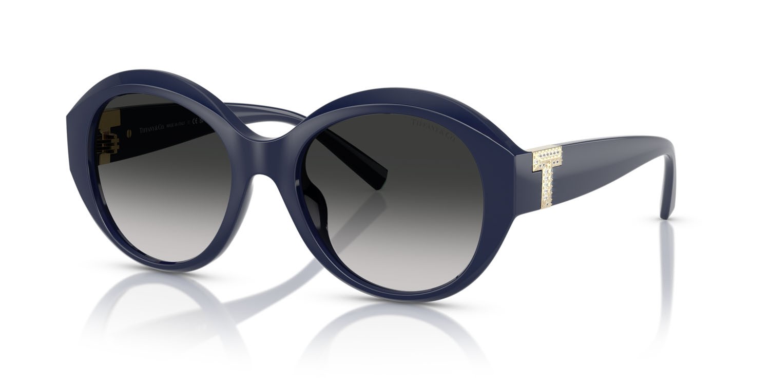 Sunglasses Tiffany TF 4227BU (83963C) color blu scuro tinta unita shape round lenses sfumato grigio