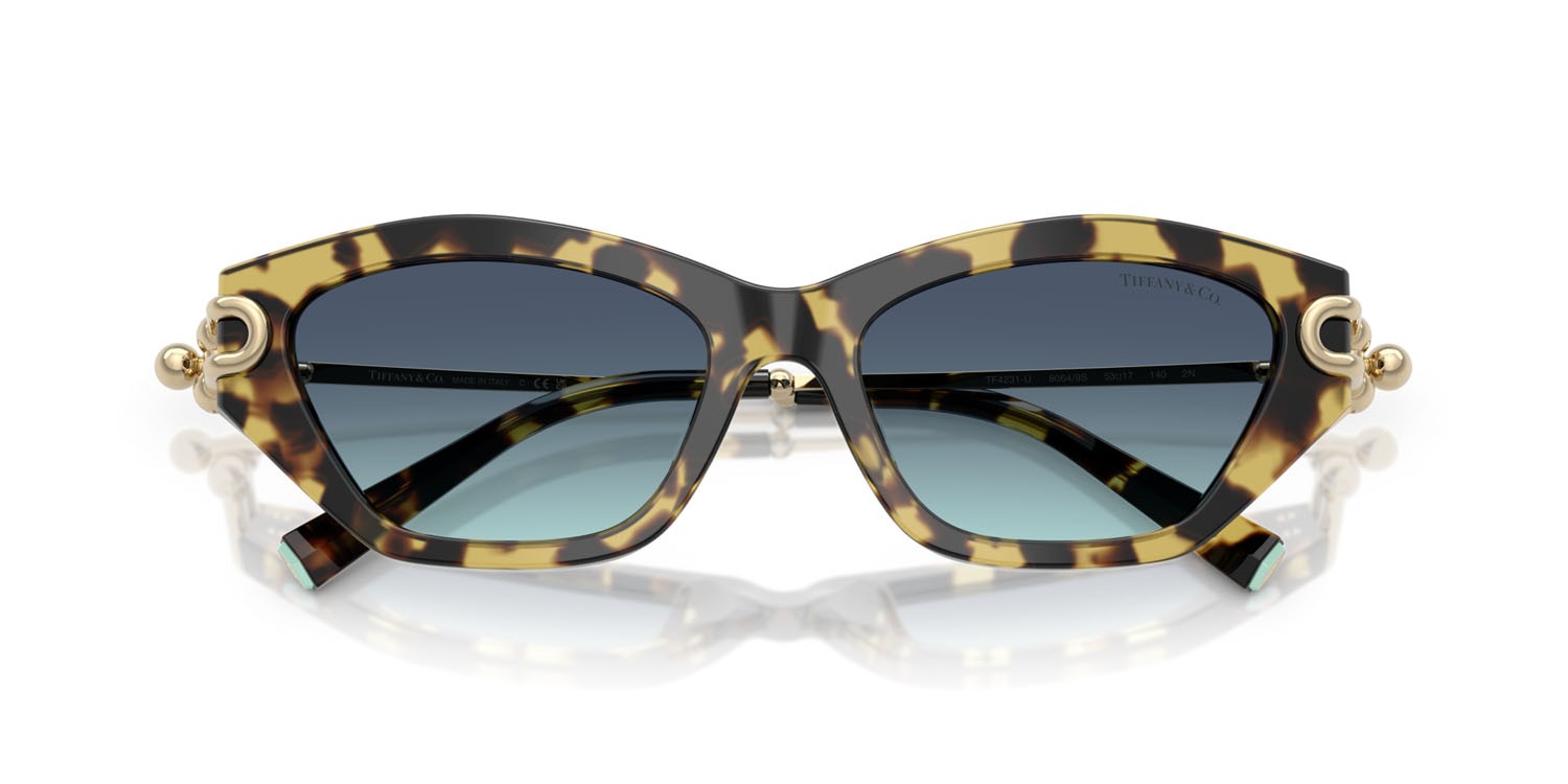 Sunglasses Tiffany TF 4231U (80649S) color havana giallo shape cat eye lenses azzurro sfumato blu