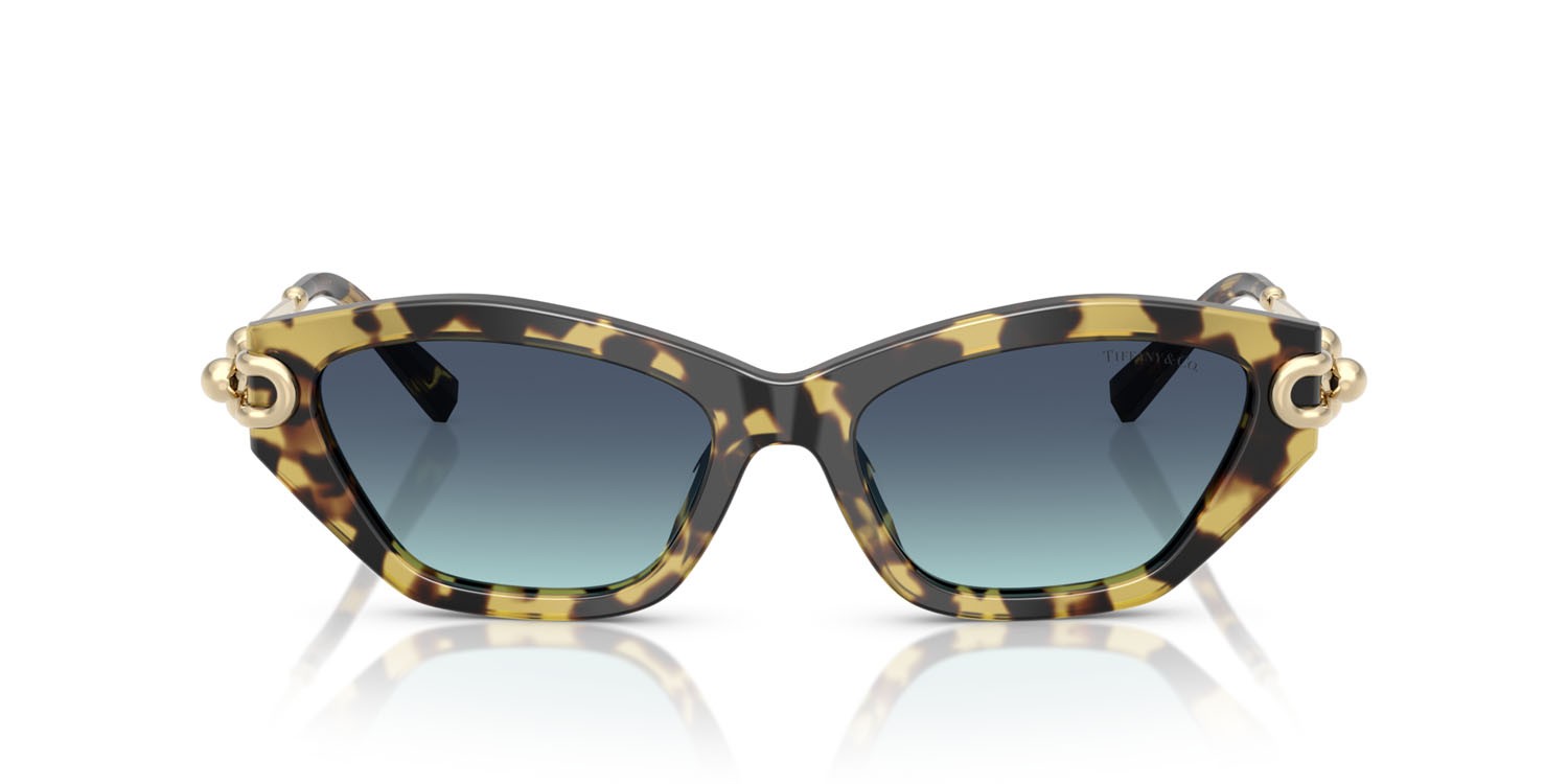 Sunglasses Tiffany TF 4231U (80649S) color havana giallo shape cat eye lenses azzurro sfumato blu