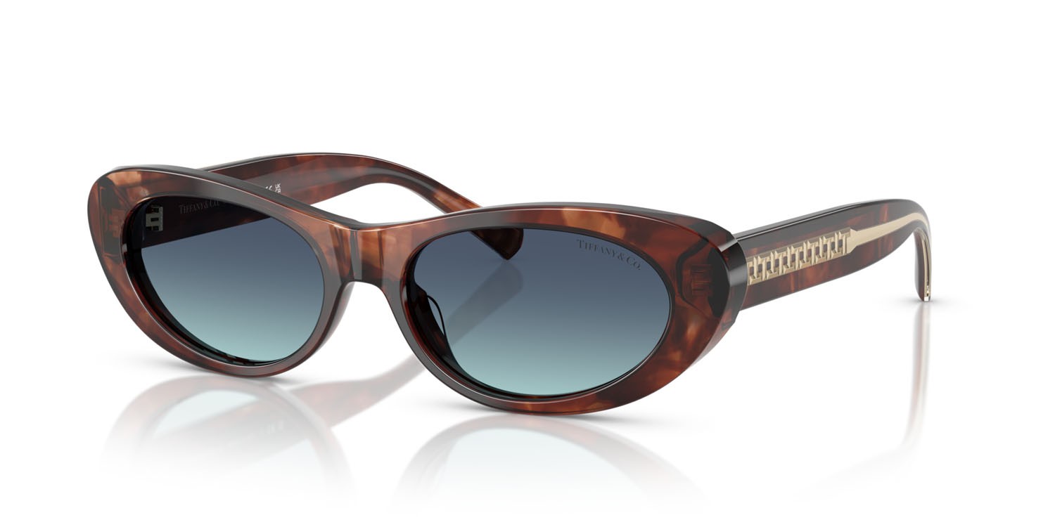 Sunglasses Tiffany TF 4236U (84219S) color havana marrone effetto maculato shape oval lenses azzurro sfumato blu