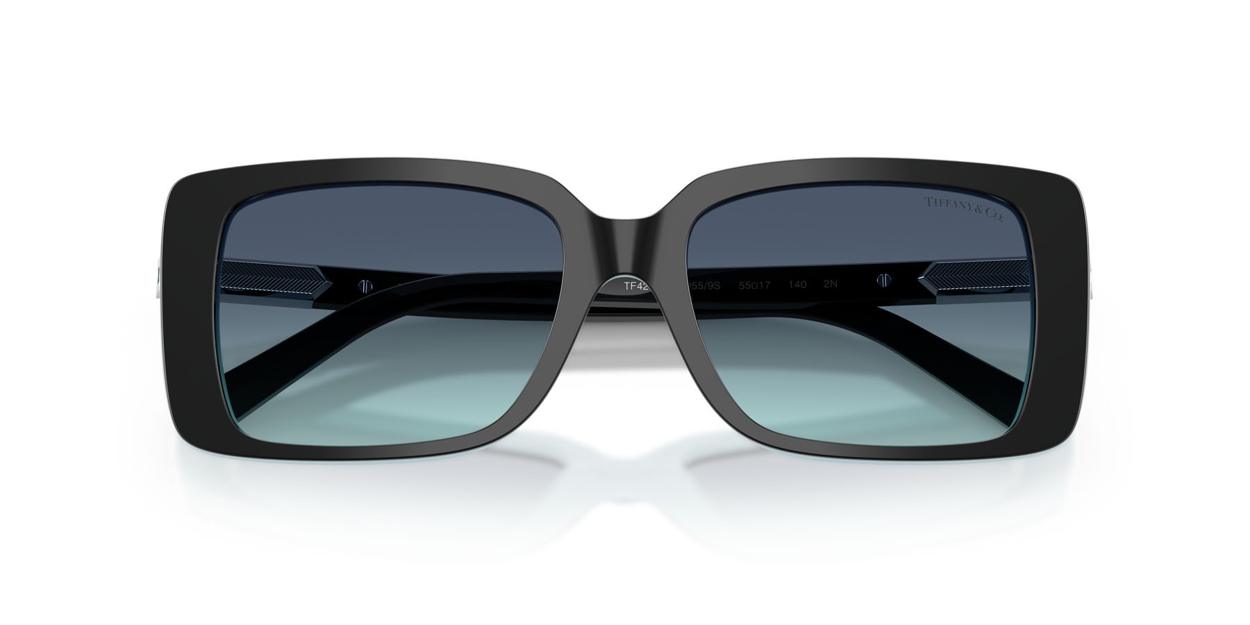 Occhiali da sole Tiffany TF 4249 (80559S) colore nero su blu tiffany forma rettangolare lenti azzurro sfumato blu