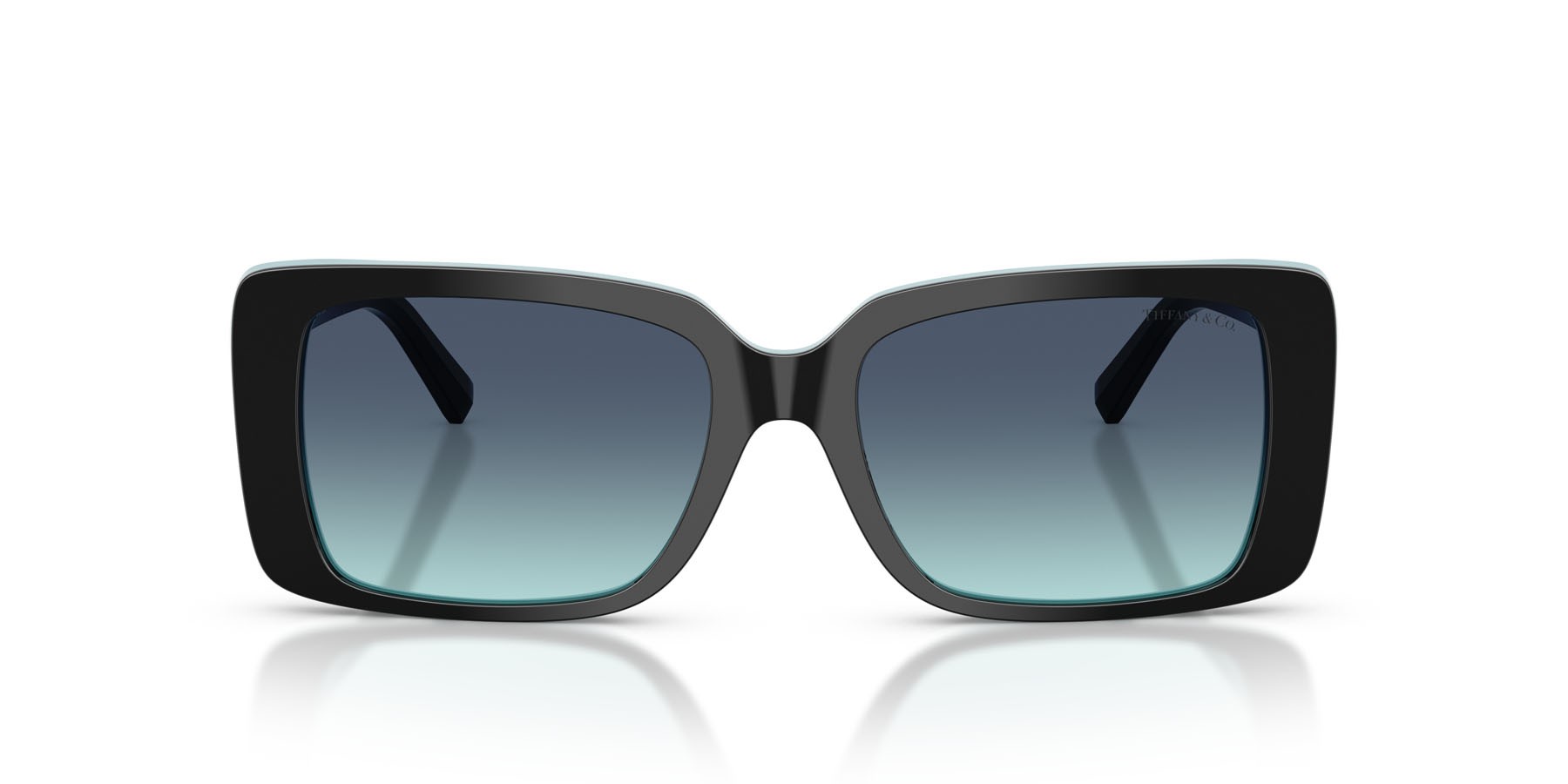 Occhiali da sole Tiffany TF 4249 (80559S) colore nero su blu tiffany forma rettangolare lenti azzurro sfumato blu