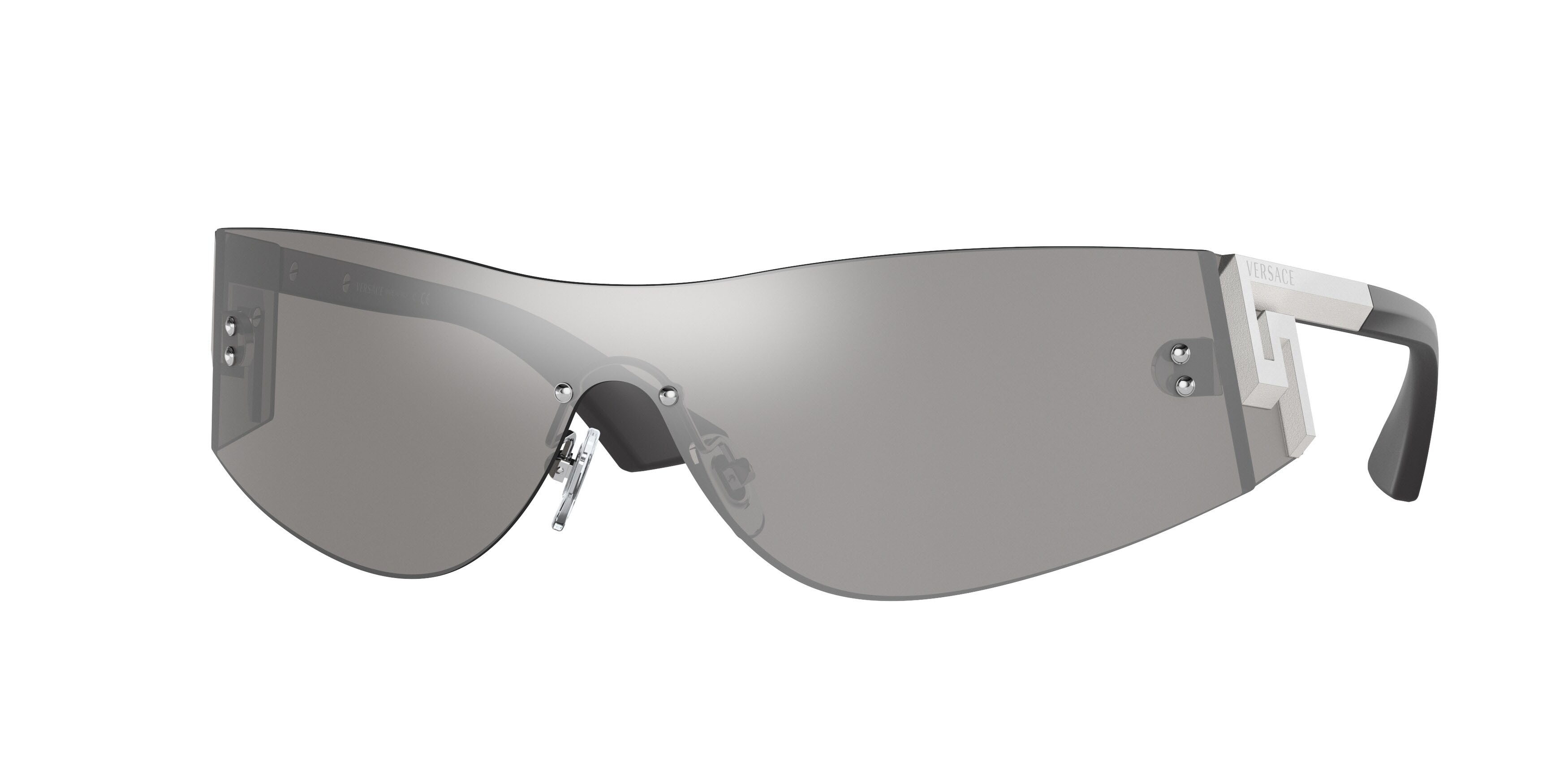 Sunglasses Versace VE 2241 (10006G) color argento a specchio shape irregular lenses grigio chiaro specchiato argento