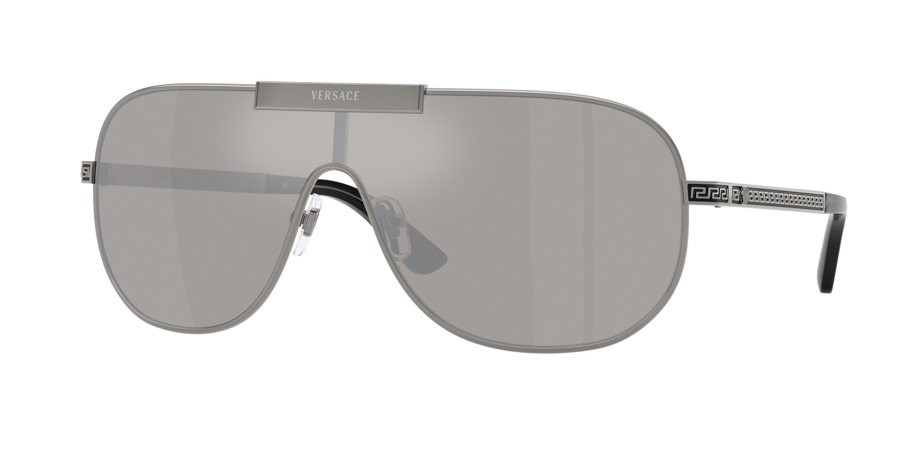 Occhiali da sole Versace VE 2293 (10016G) colore gunmetal forma irregolare lenti grigio chiaro specchiato argento