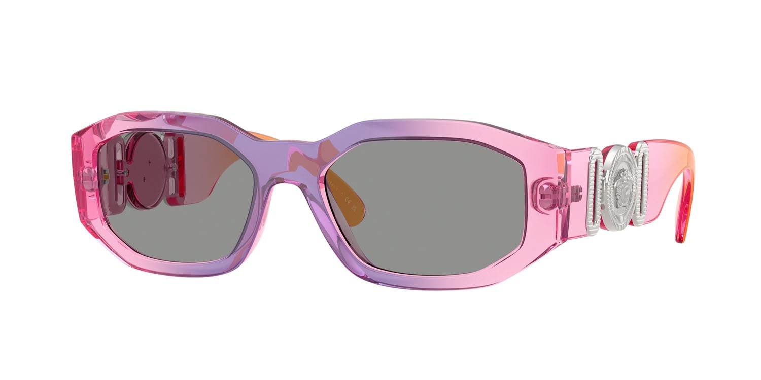 Occhiali da sole Versace VE 4361 (5537/1) colore rosa/viola/arancione sfumato forma irregolare lenti grigio