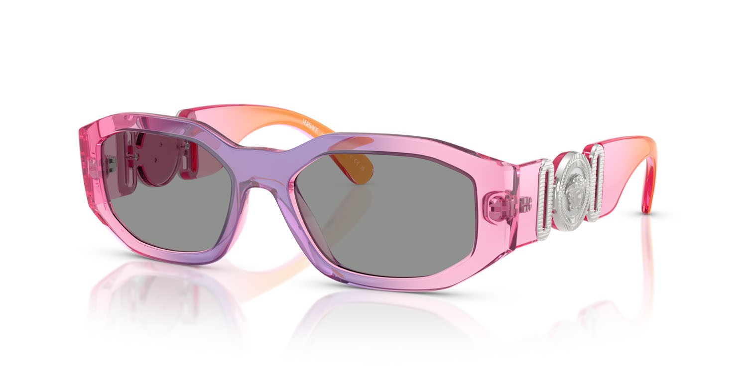 Occhiali da sole Versace VE 4361 (5537/1) colore rosa/viola/arancione sfumato forma irregolare lenti grigio