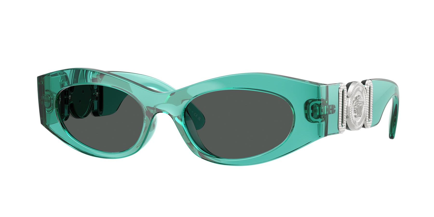 Occhiali da sole Versace VE 4480U (552987) colore verde acqua opalino forma cat eye lenti grigio scuro