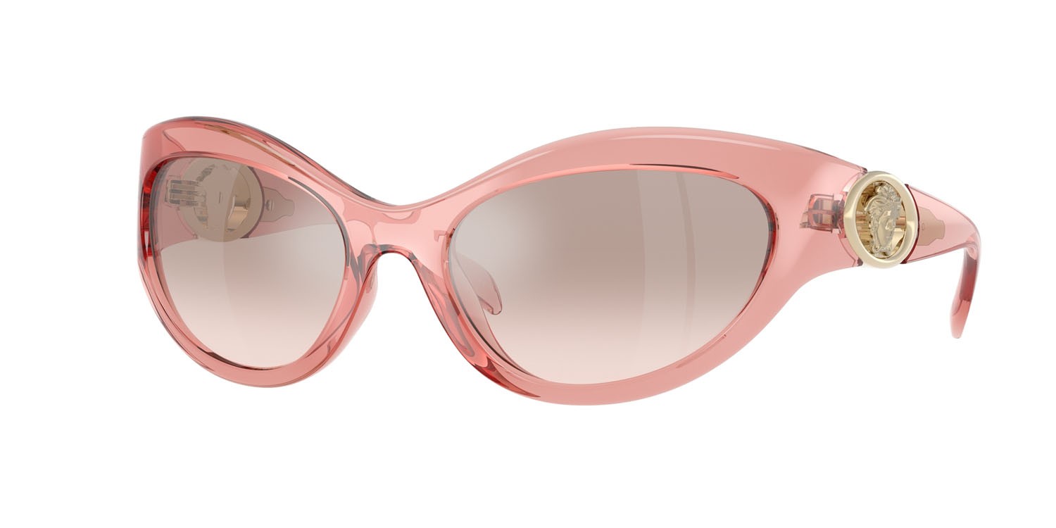 Occhiali da sole Versace VE 4485 (53228Z) colore rosa trasparente forma cat eye lenti marrone chiaro specchiato argento sfumato