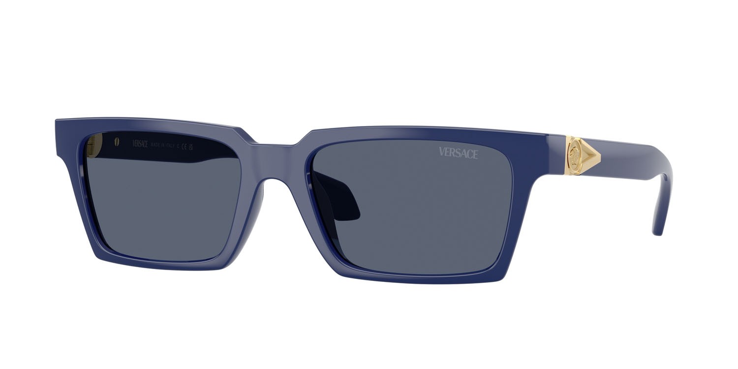 Occhiali da sole Versace VE 4490U (545087) colore blu tinta unita forma rettangolare lenti grigio scuro