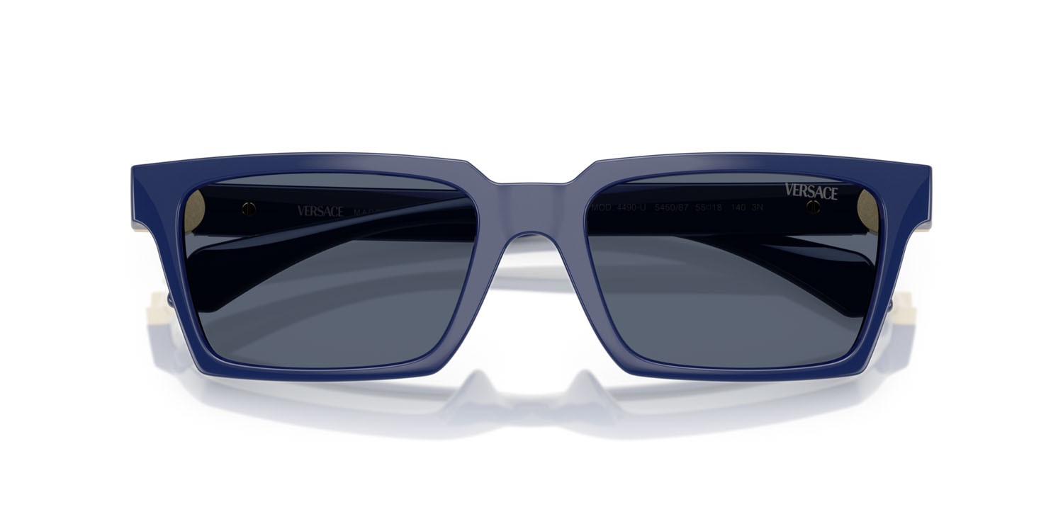 Occhiali da sole Versace VE 4490U (545087) colore blu tinta unita forma rettangolare lenti grigio scuro