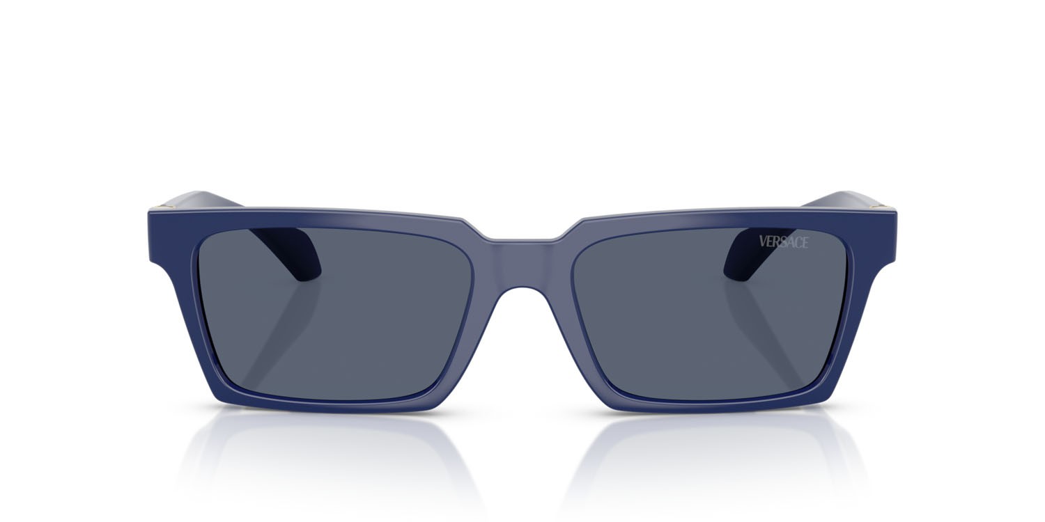 Occhiali da sole Versace VE 4490U (545087) colore blu tinta unita forma rettangolare lenti grigio scuro
