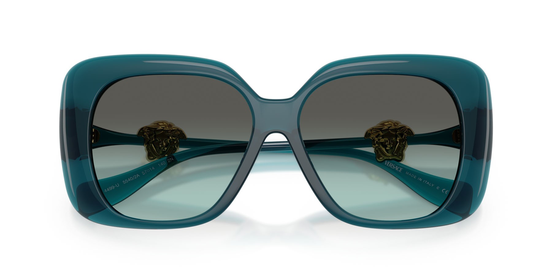 Occhiali da sole Versace VE 4499U (55402A) colore blu trasparente forma quadrato lenti verde sfumato verde