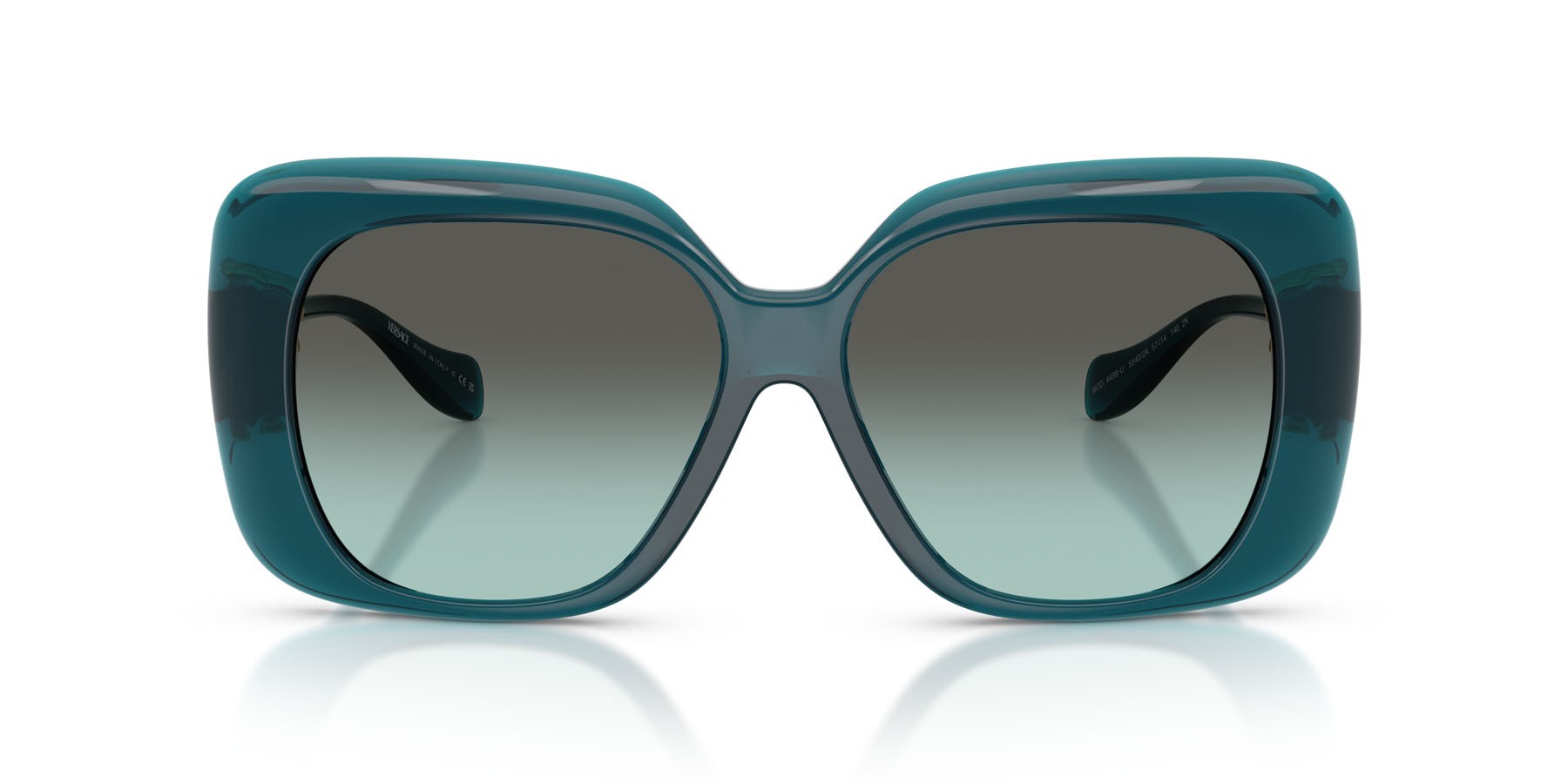 Occhiali da sole Versace VE 4499U (55402A) colore blu trasparente forma quadrato lenti verde sfumato verde