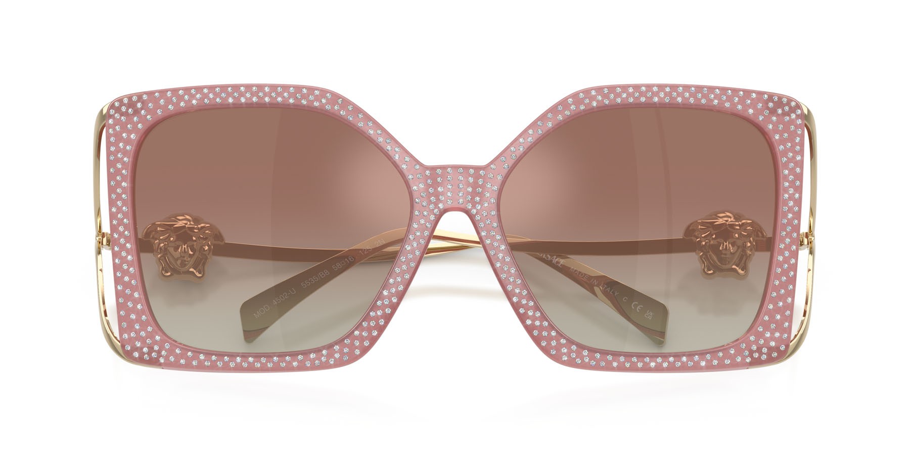 Occhiali da sole Versace VE 4502U (5535B8) colore pink strass crystal forma quadrato lenti marrone sfumato specchiato argento