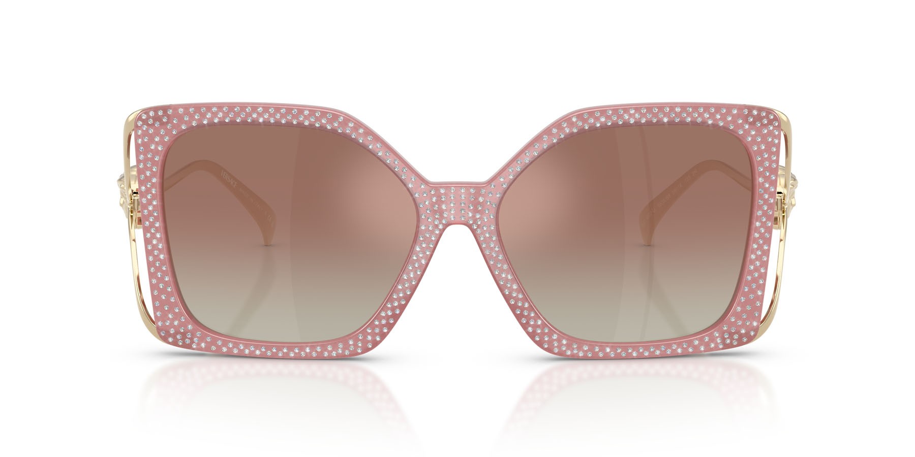 Occhiali da sole Versace VE 4502U (5535B8) colore pink strass crystal forma quadrato lenti marrone sfumato specchiato argento