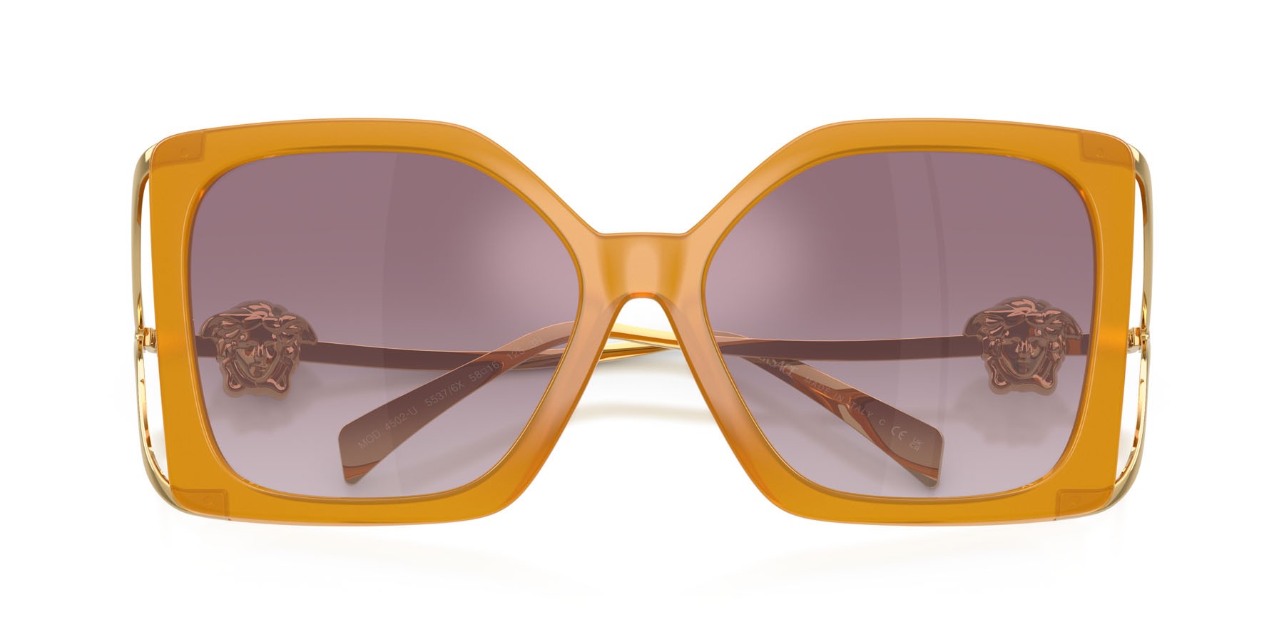Occhiali da sole Versace VE 4502U (55376X) colore giallo opale forma quadrato lenti violetto sfumato argento a specchio