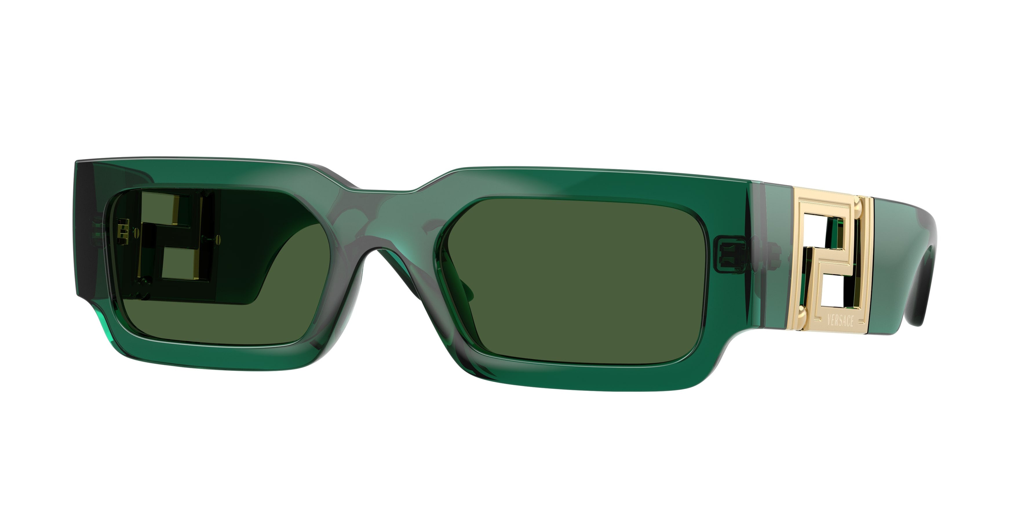 Occhiali da sole Versace VE 4506U (514471) colore verde trasparente forma rettangolare lenti verde scuro