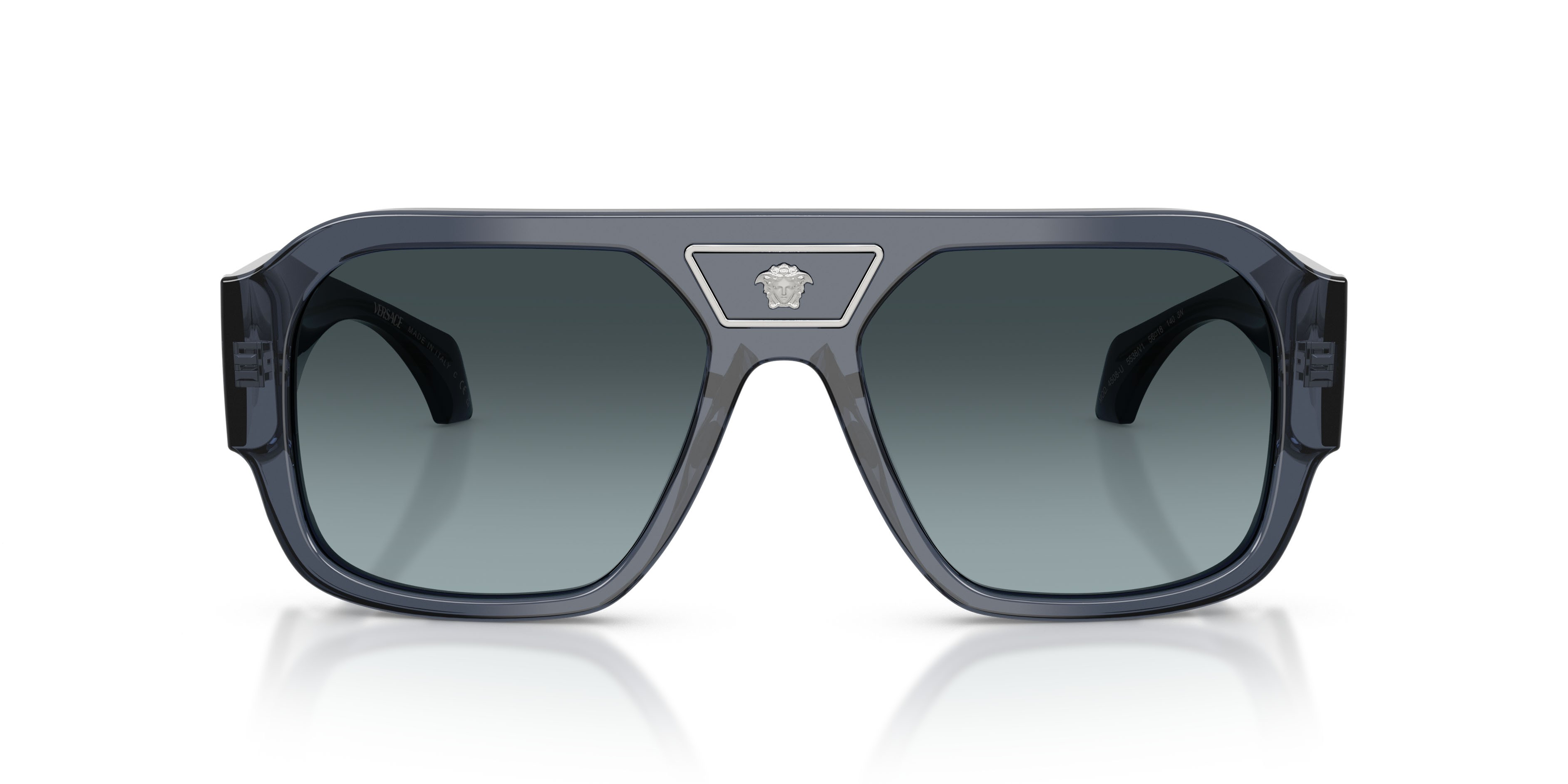 Occhiali da sole Versace VE 4508U (5538V1) colore blu scuro trasparente forma quadrato lenti blu sfumato grigio
