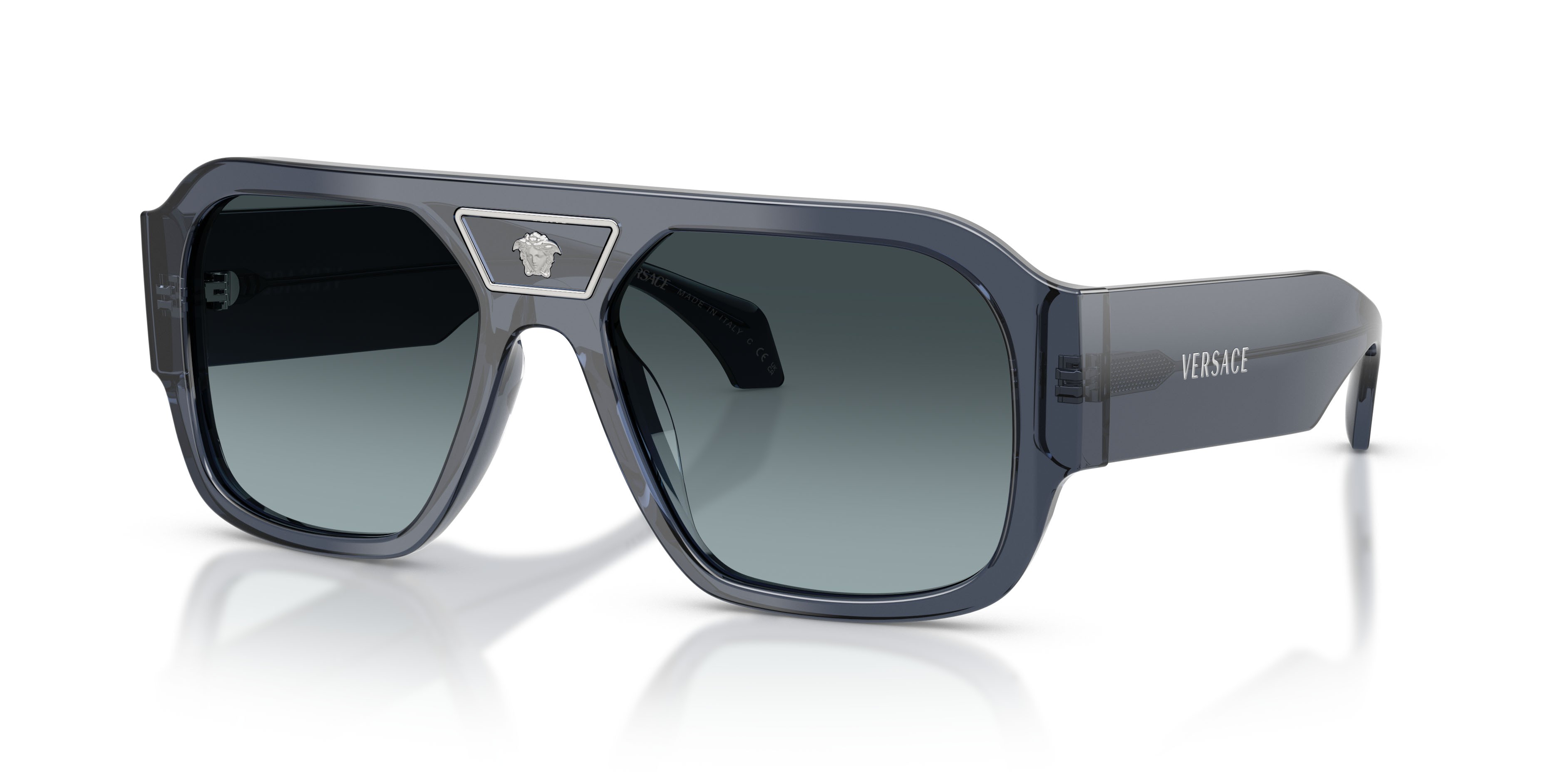 Occhiali da sole Versace VE 4508U (5538V1) colore blu scuro trasparente forma quadrato lenti blu sfumato grigio