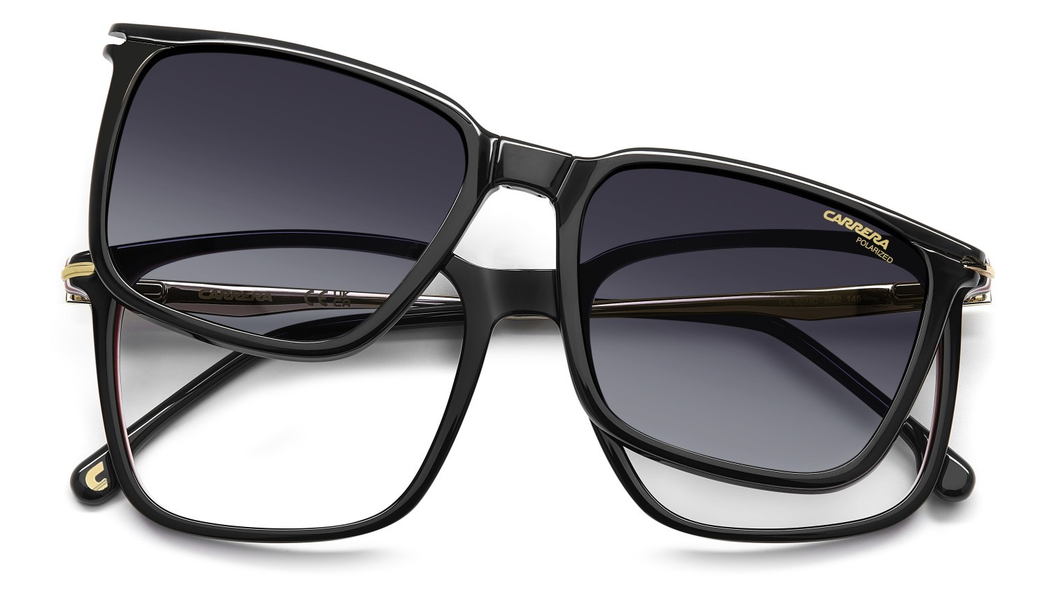 Eyeglasses Carrera Ca 357/C 109436 2M2 + clip-on color black gold shape rectangle lenses grey shaded polarized