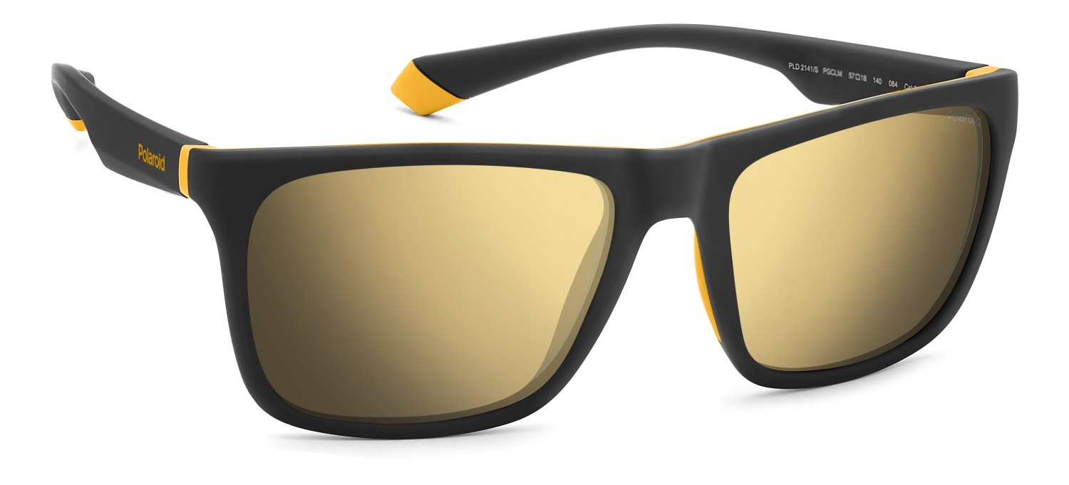 Sunglasses Polaroid Pld 2141/S 205718 PGC LM color matte black yellow shape rectangle lenses grey gold multilayer polarized