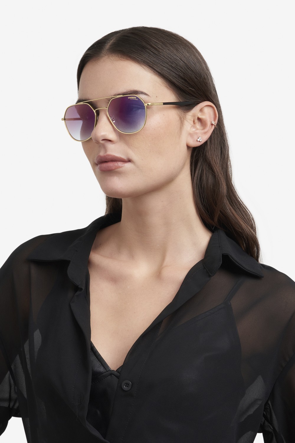Occhiali da sole Carrera 303/S 205789 (2M2 YB) colore black gold forma rotondo lenti blue shaded red