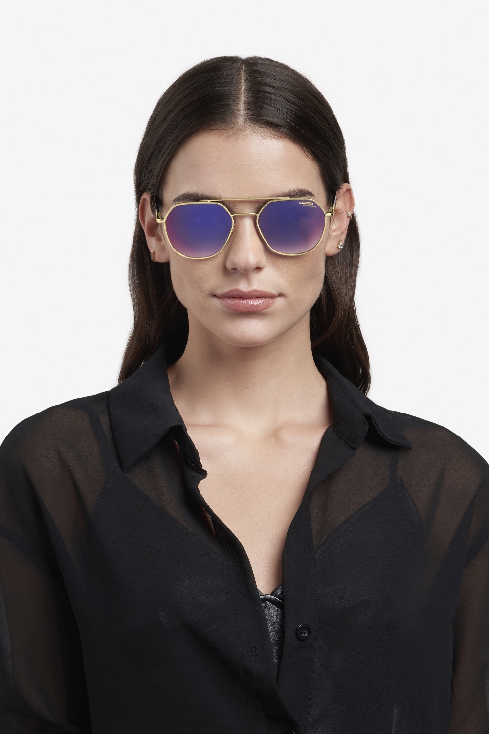 Occhiali da sole Carrera 303/S 205789 (2M2 YB) colore black gold forma rotondo lenti blue shaded red