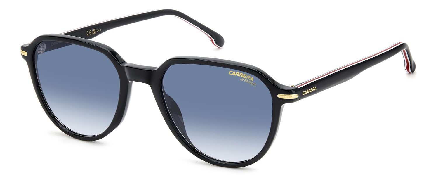 Sunglasses Carrera 342/S 207601 (2M2 08) color black gold shape pantos lenses dk blue shaded