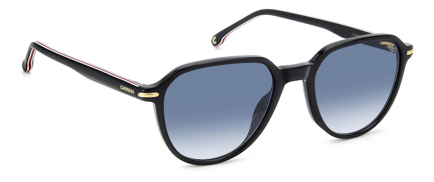 Sunglasses Carrera 342/S 207601 (2M2 08) color black gold shape pantos lenses dk blue shaded