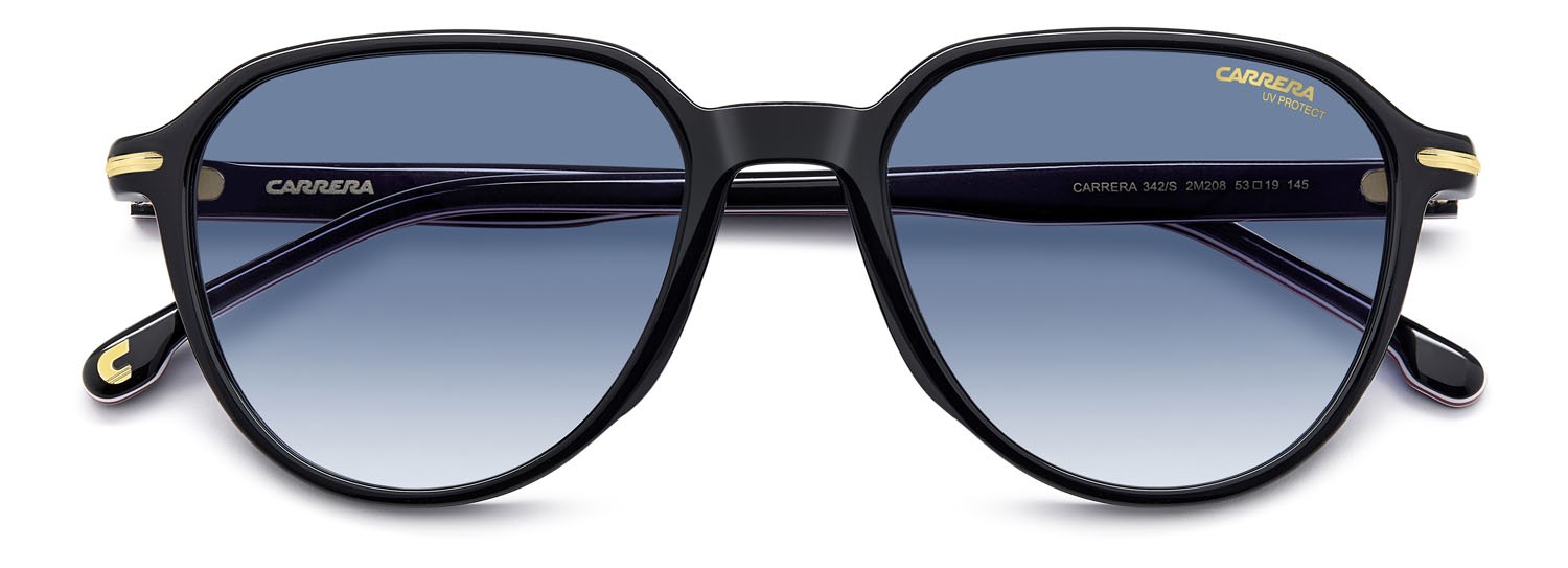 Sunglasses Carrera 342/S 207601 (2M2 08) color black gold shape pantos lenses dk blue shaded