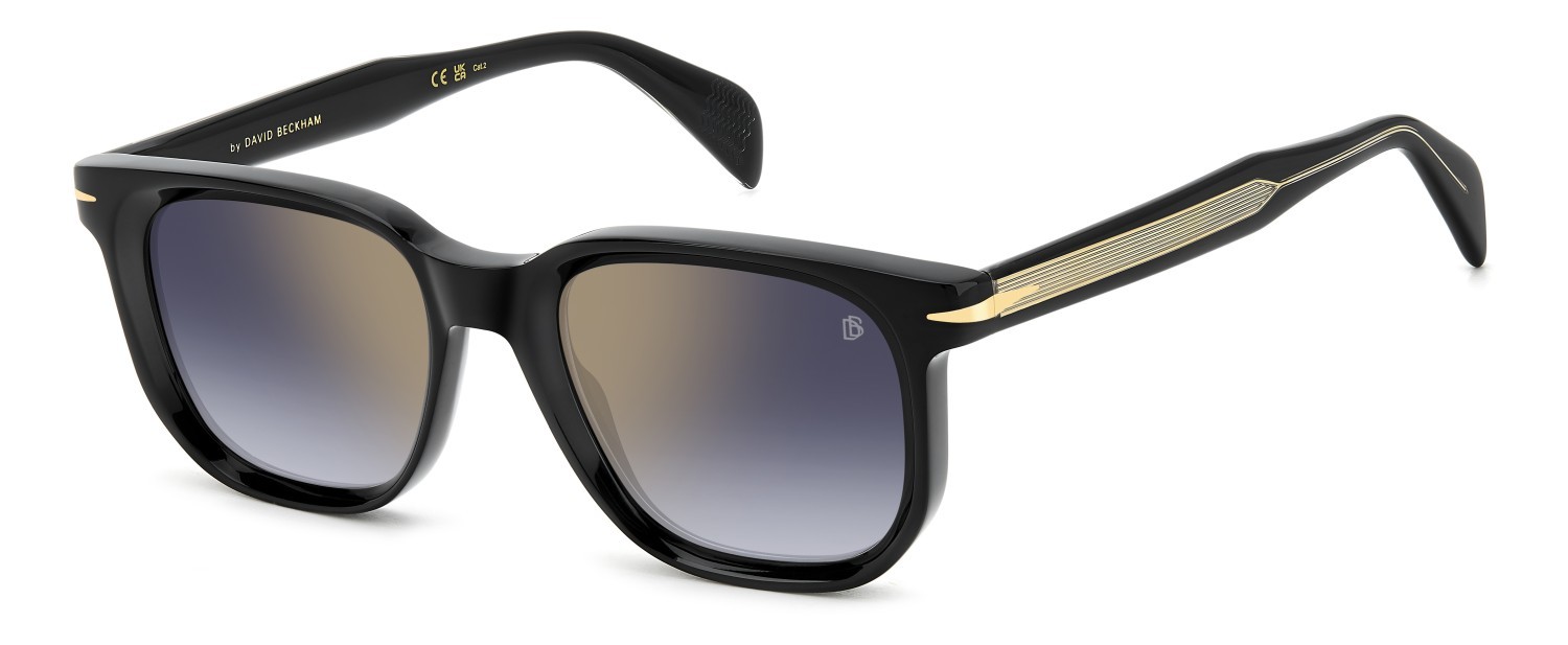 Sunglasses David Beckham Db 7133/S 207751 807 1V color black shape rectangle lenses blue shaded gold mirror