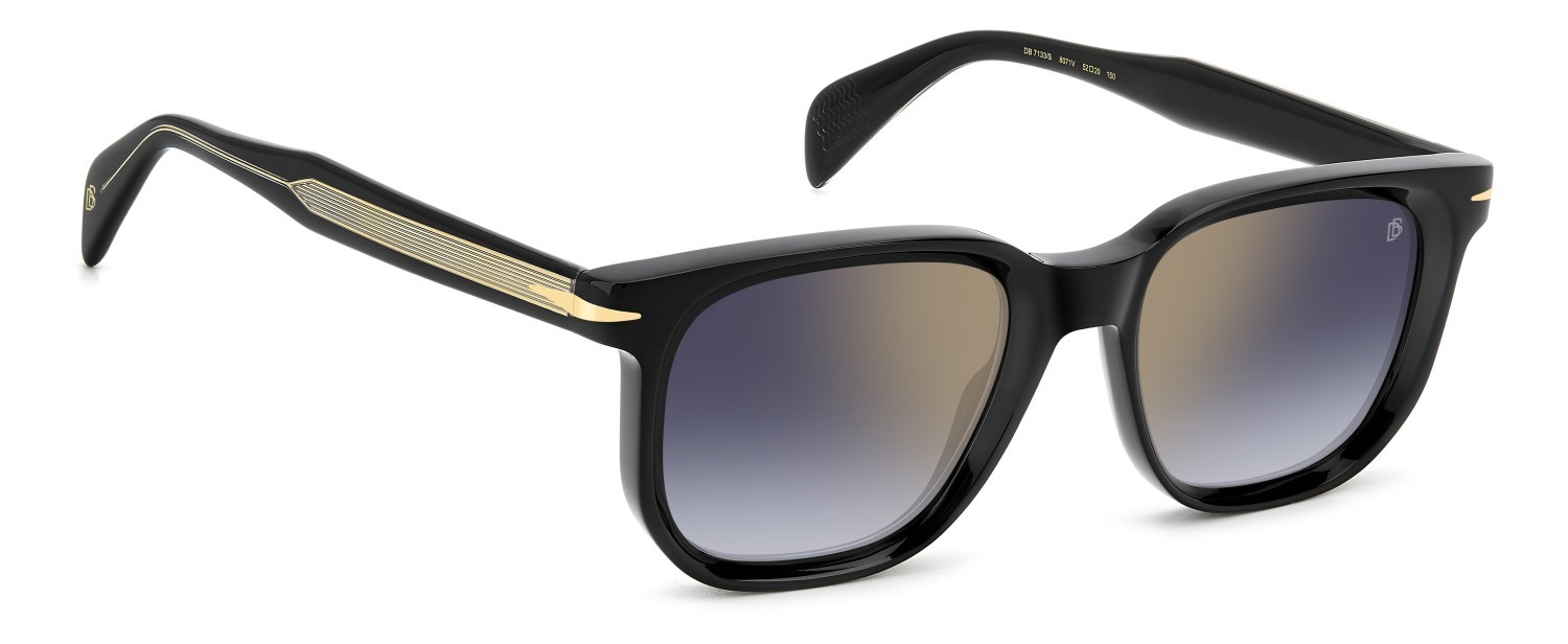Sunglasses David Beckham Db 7133/S 207751 807 1V color black shape rectangle lenses blue shaded gold mirror