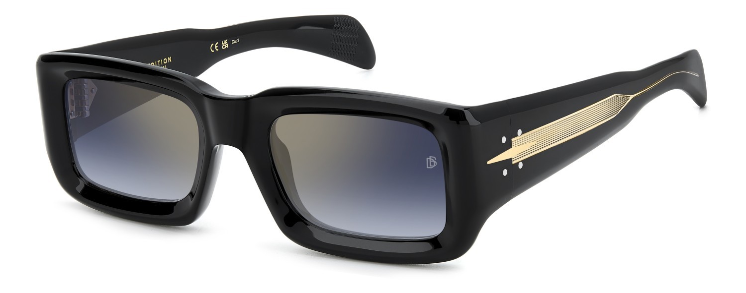 Sunglasses David Beckham Db 7131/S 207785 807 1V color black shape rectangle lenses blue shaded gold mirror