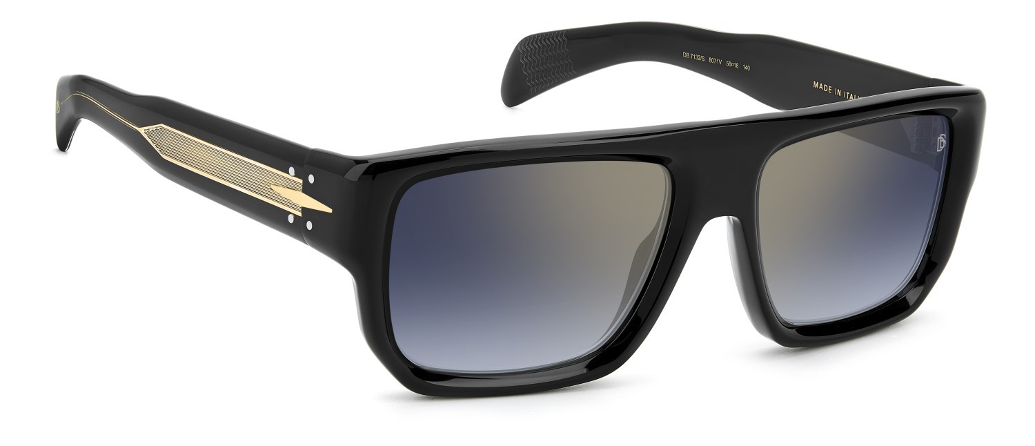 Sunglasses David Beckham Db 7132/S 207786 807 1V color black shape rectangle lenses blue shaded gold mirror