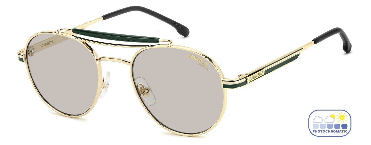 Sunglasses Carrera 381/S 208711 PEF 7O color gold green shape round lenses grey polarized