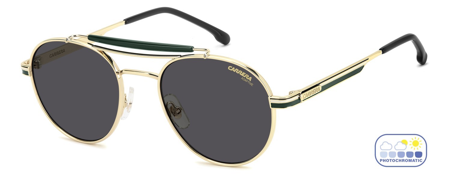 Sunglasses Carrera 381/S 208711 PEF 7O color gold green shape round lenses grey polarized