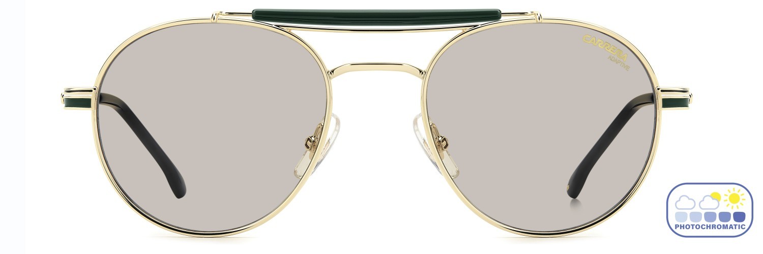 Sunglasses Carrera 381/S 208711 PEF 7O color gold green shape round lenses grey polarized