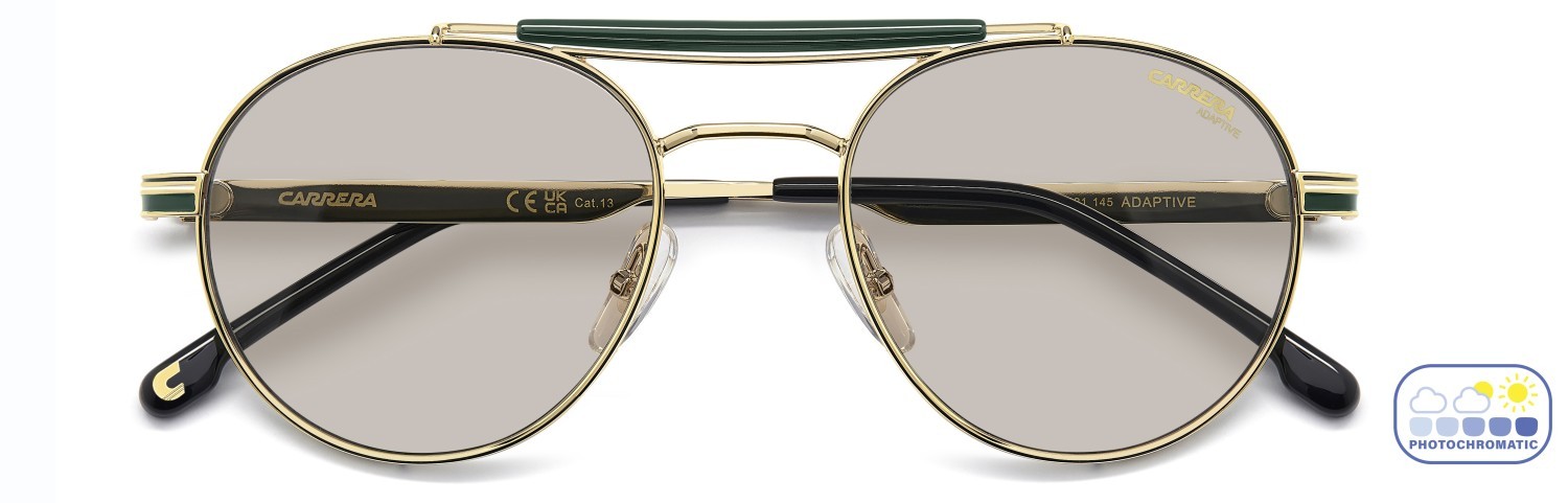 Sunglasses Carrera 381/S 208711 PEF 7O color gold green shape round lenses grey polarized
