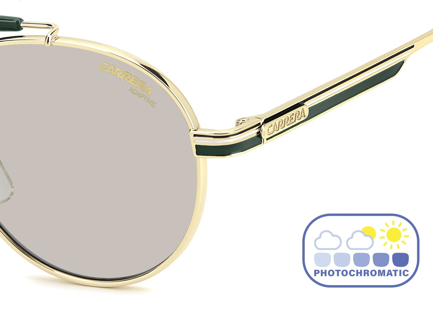 Sunglasses Carrera 381/S 208711 PEF 7O color gold green shape round lenses grey polarized