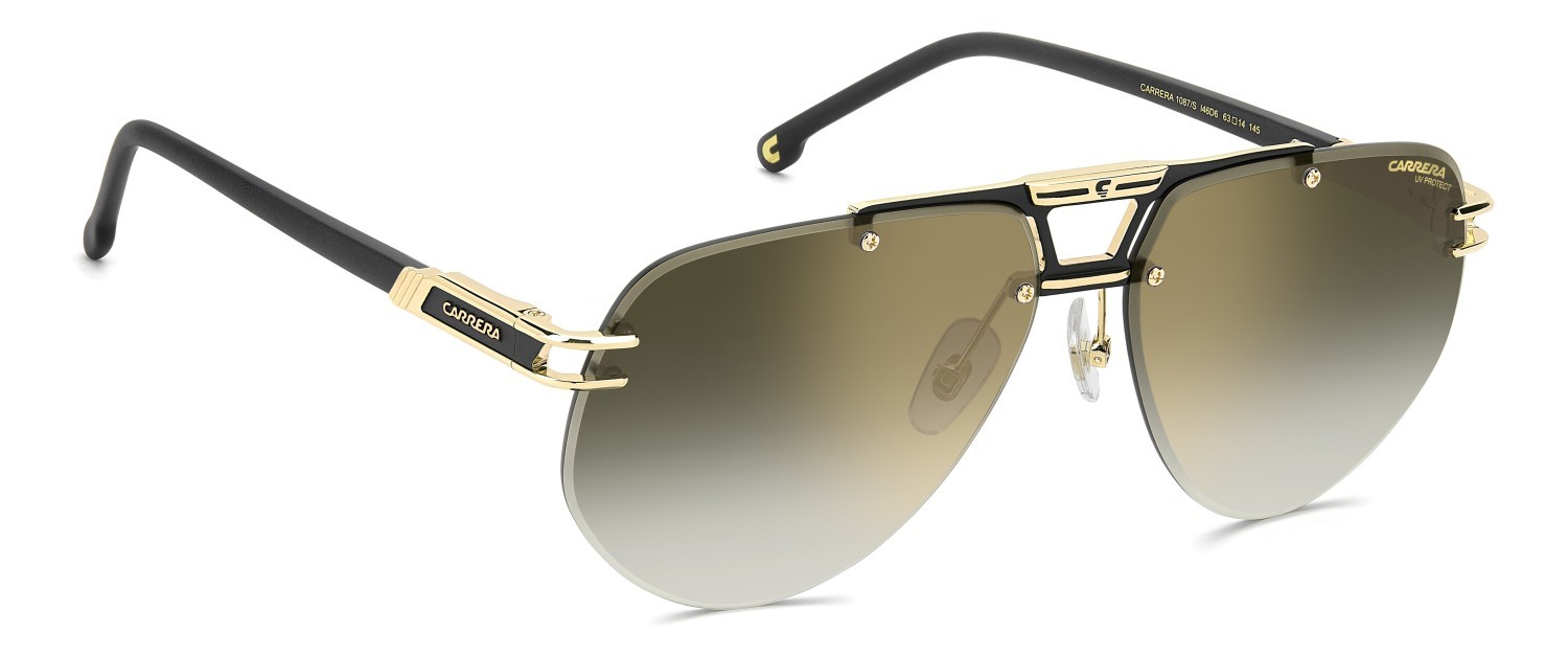 Sunglasses Carrera 1087/S 208715 I46 D6 color matte black gold shape rectangular lenses green shaded gold mirror antirefex
