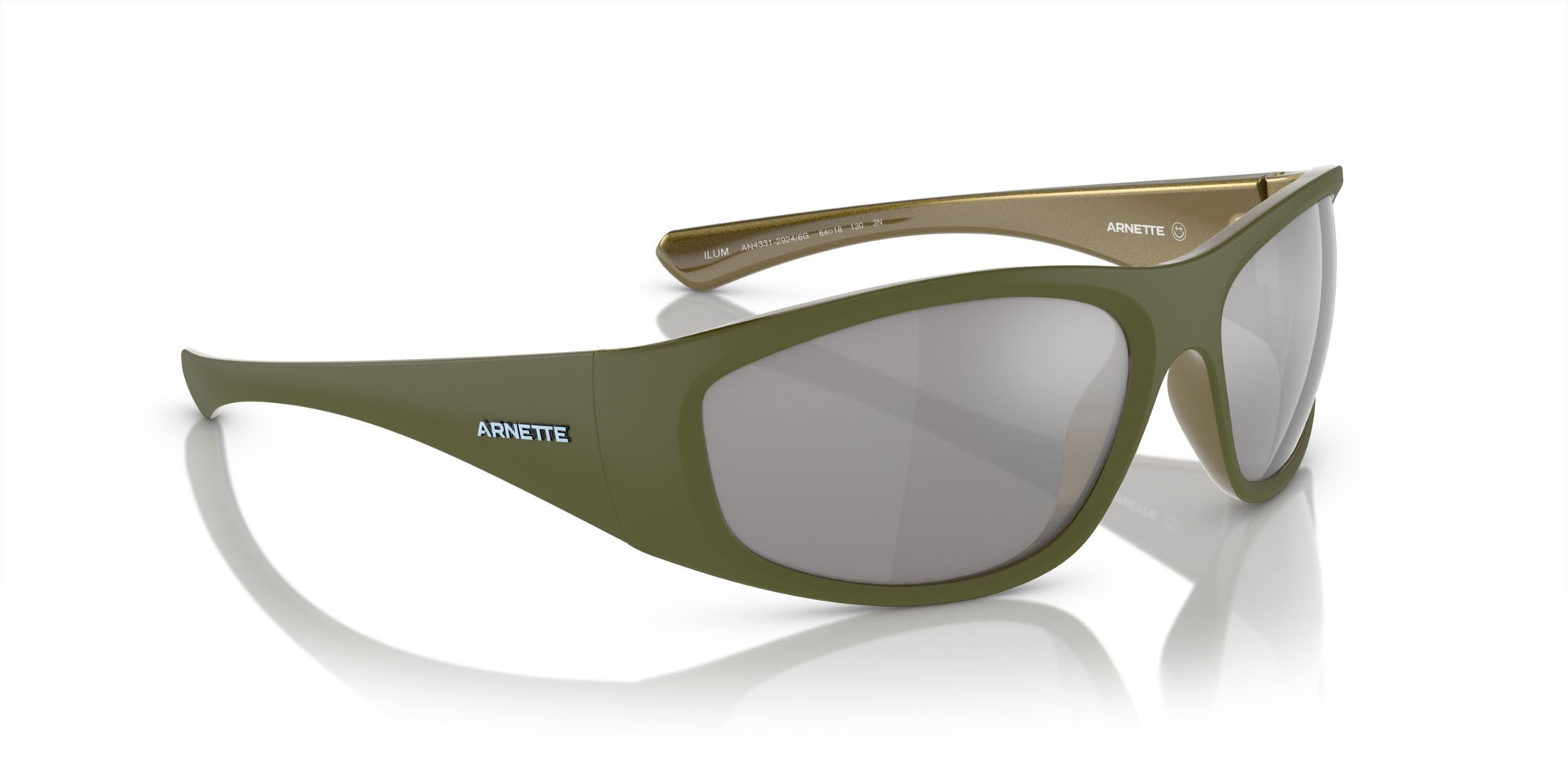 Sonnenbrillen Arnette Ilum AN 4331 (29246G) farbe militare opaco/verde chiaro alumina form unregelmäßig gläser grigio chiaro specchiato argento 80