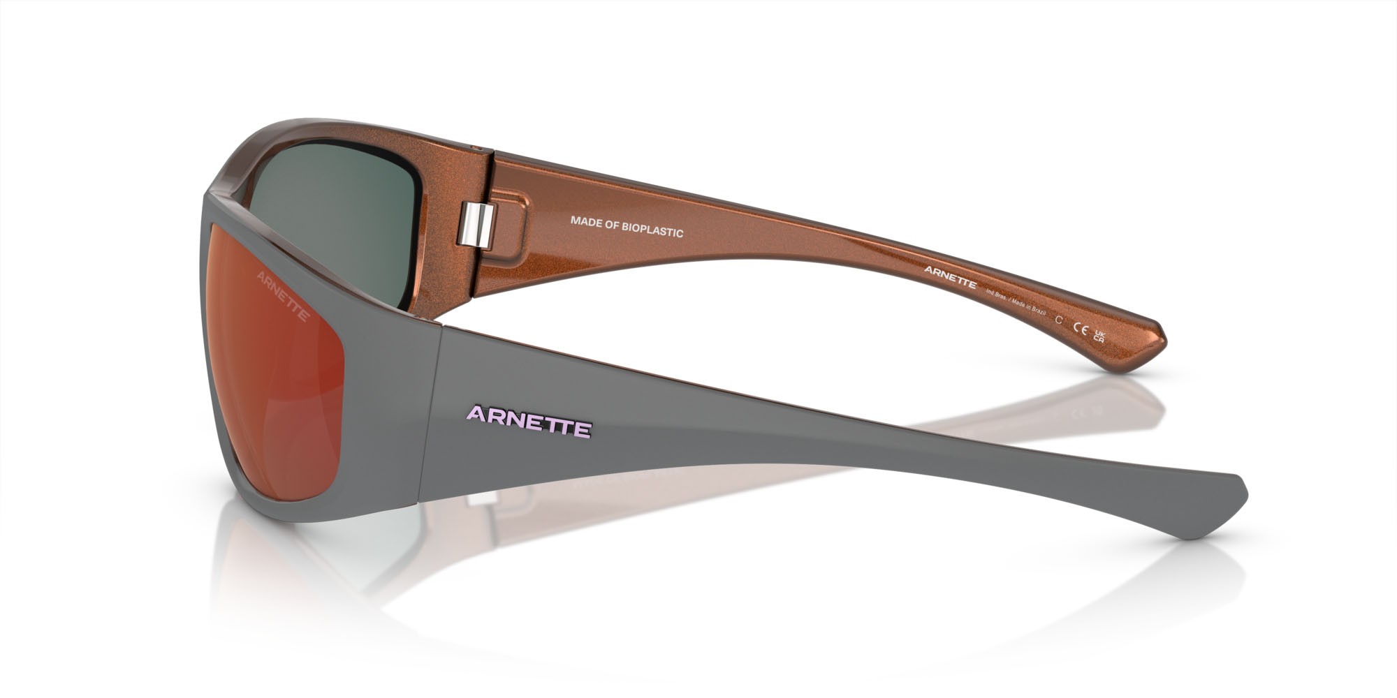 Sonnenbrillen Arnette Ilum AN 4331 (29256Q) farbe grigio opaco/bronzo alumina form unregelmäßig gläser arancione specchiato grigio / giallo