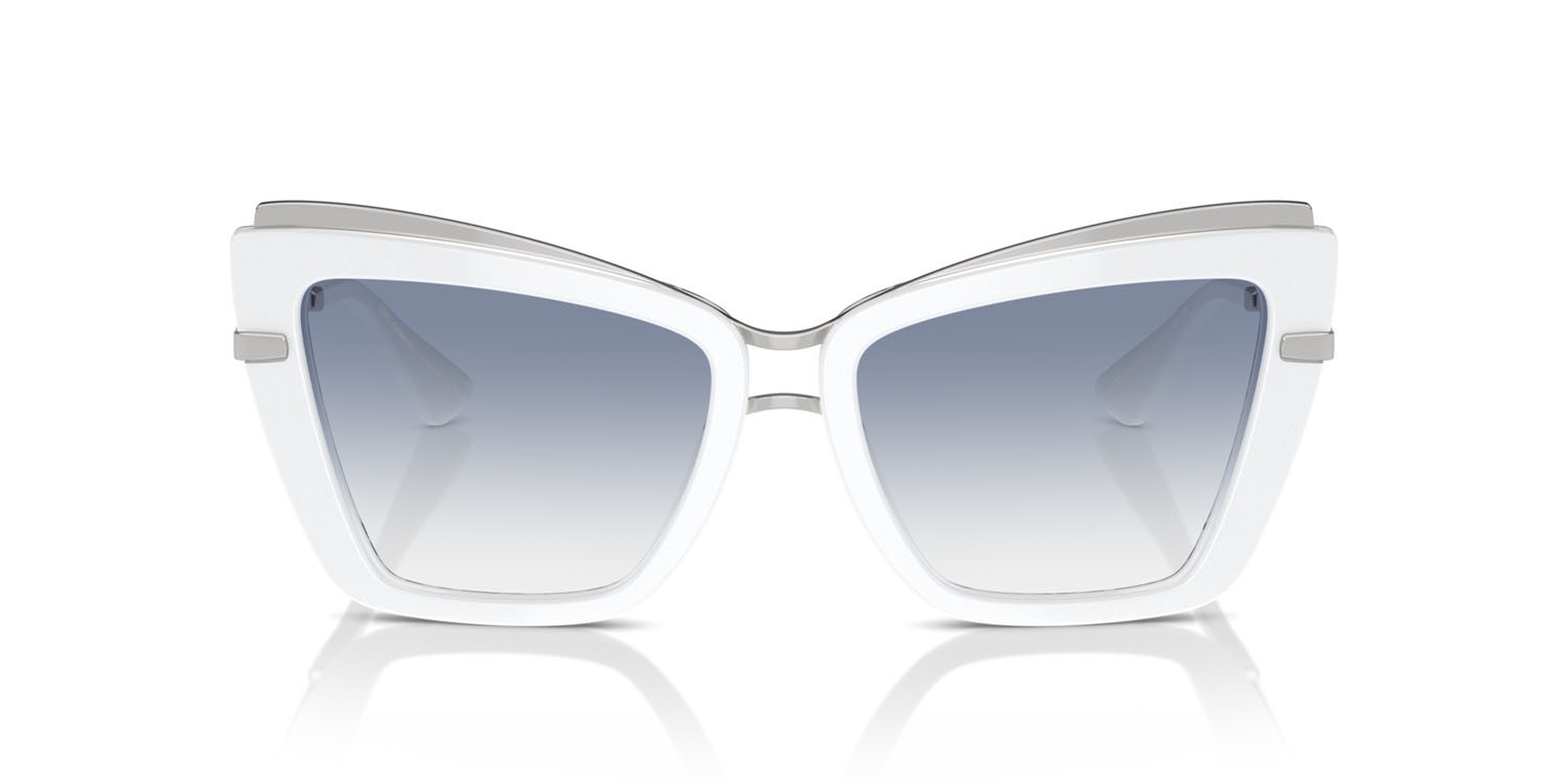 Occhiali da sole Dolce & Gabbana DG 4472 (337119) colore bianco su maiolica blu forma cat eye lenti trasparente sfumato azzurro