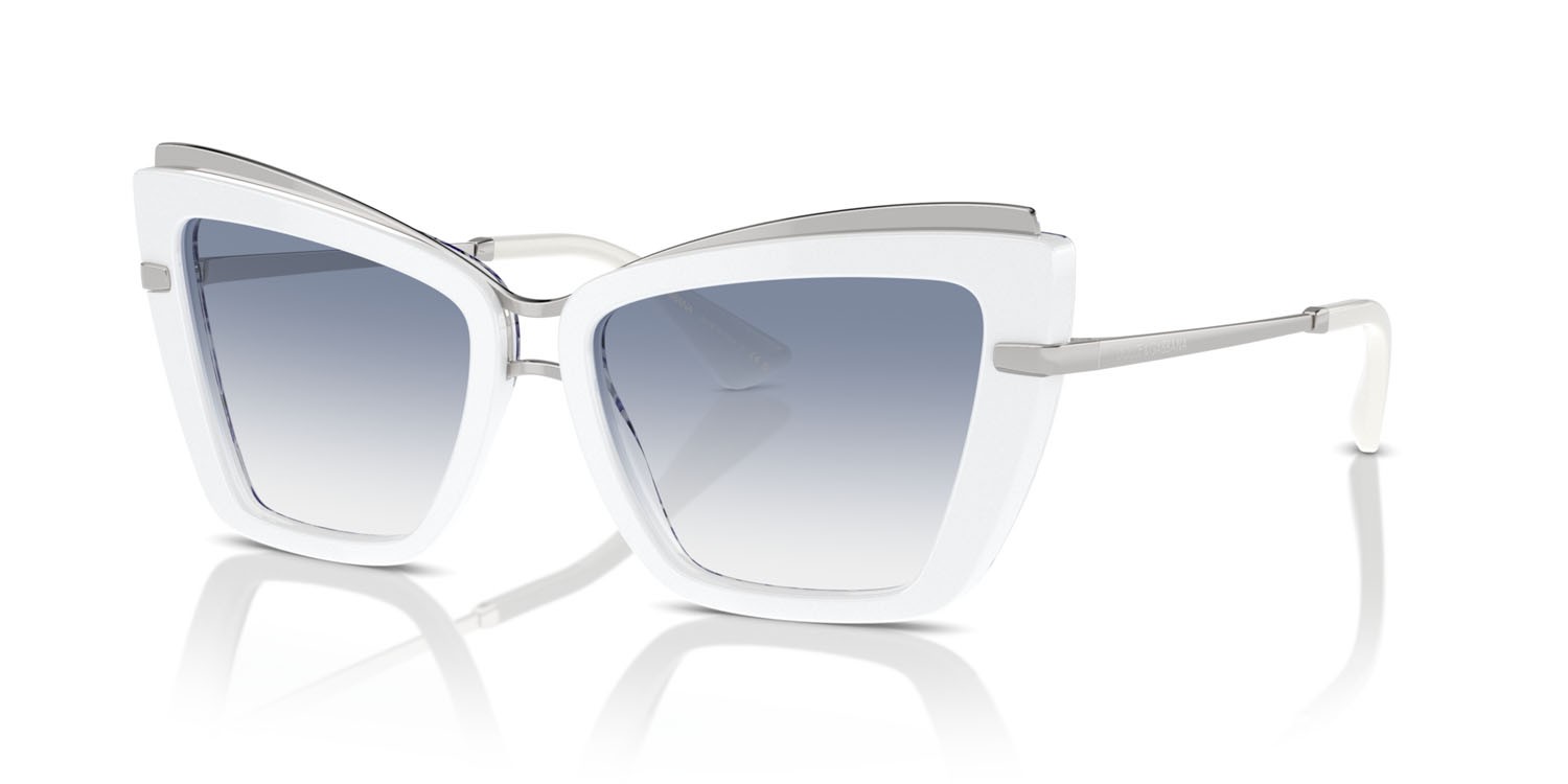 Occhiali da sole Dolce & Gabbana DG 4472 (337119) colore bianco su maiolica blu forma cat eye lenti trasparente sfumato azzurro