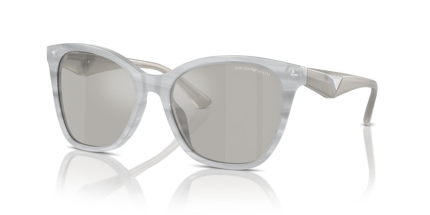 Sunglasses Emporio Armani EA 4222U (611487) color grigio striato lucido shape butterfly lenses grigio chiaro/flash argento