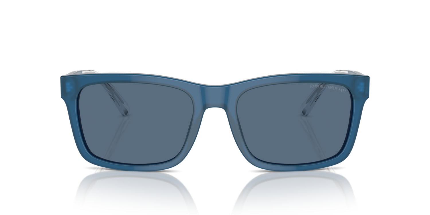 Occhiali da sole Emporio Armani EA 4224 (609280) colore blu opalino brillante forma rettangolare lenti blu scuro
