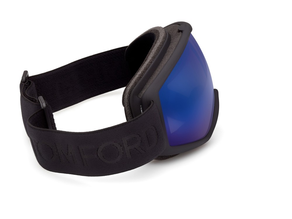 Ski and snowboard goggles Tom Ford FT1321 (01X) color nero lucido shape mask lenses blu specchiato